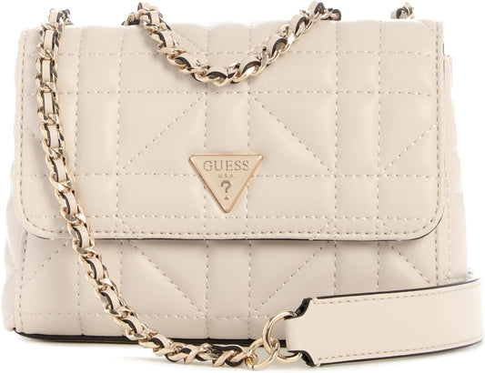 GUESS Edita Mini Convertible Crossbody in beige with quilted design and gold chain strap