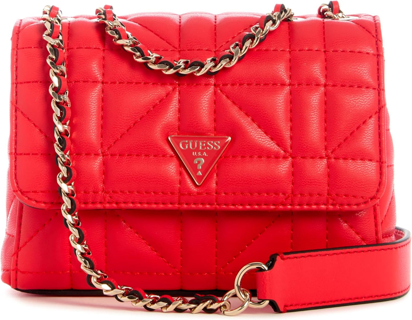 GUESS Edita Mini Convertible Crossbody in red with quilted design and gold chain strap
