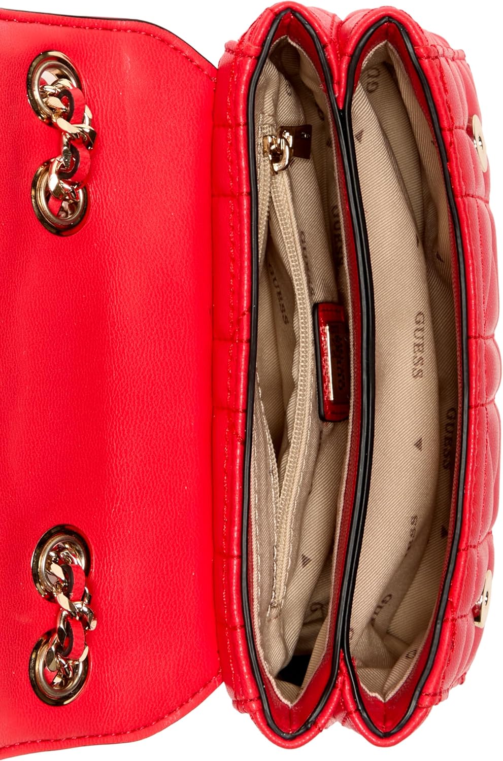 Inside view of GUESS Edita Mini Convertible Crossbody bag with multiple compartments and stylish design