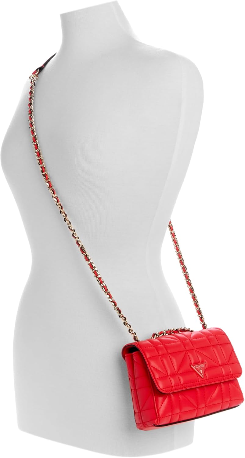 GUESS Edita Mini Convertible Crossbody in vibrant red with quilted design and chain strap