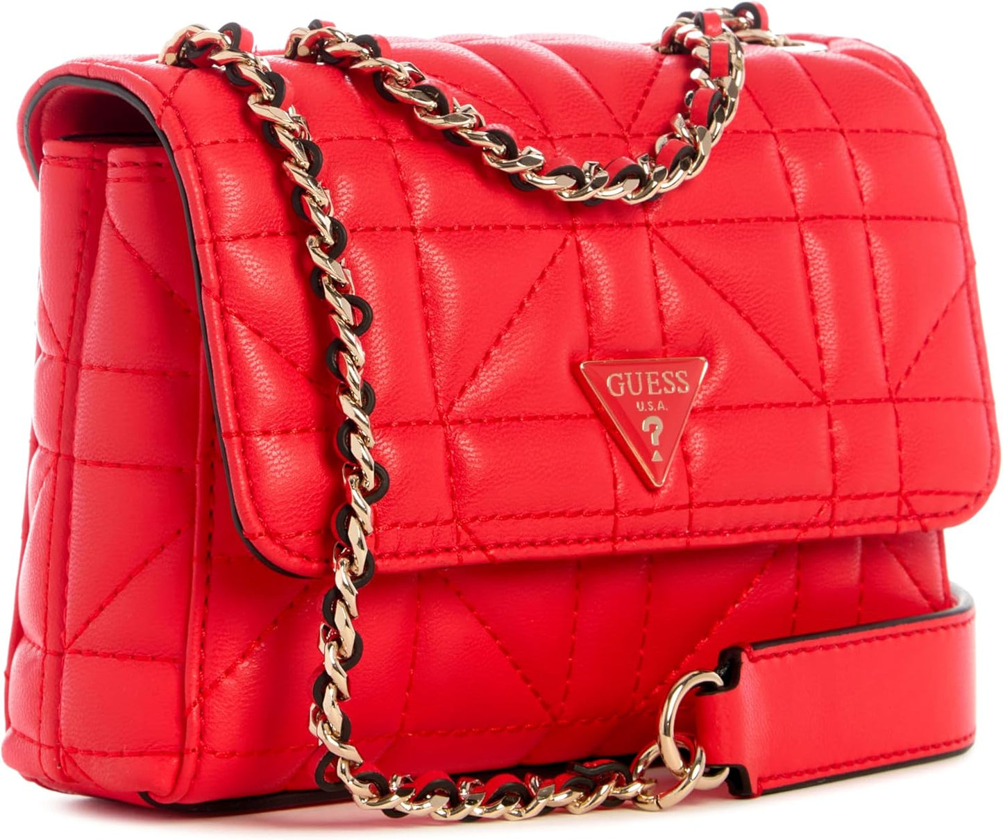 GUESS Edita Mini Convertible Crossbody in red with gold chain strap and quilted design