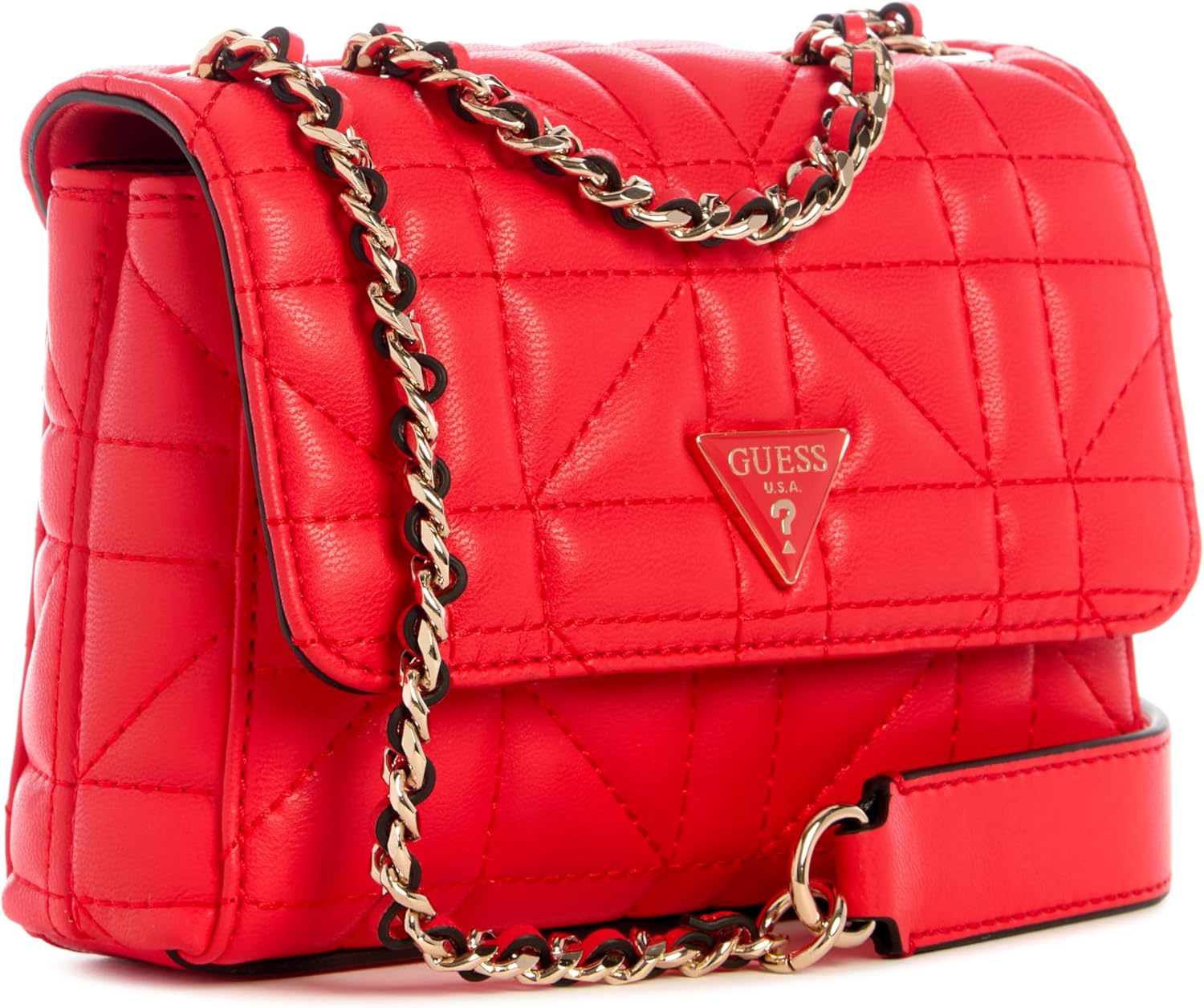 GUESS Edita Mini Convertible Crossbody in red with gold chain strap and quilted design