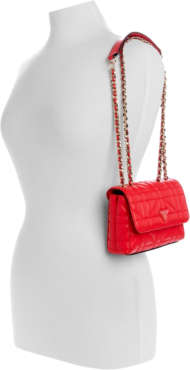 GUESS Edita Mini Convertible Crossbody in red with chain strap and quilted design, perfect for stylish outings