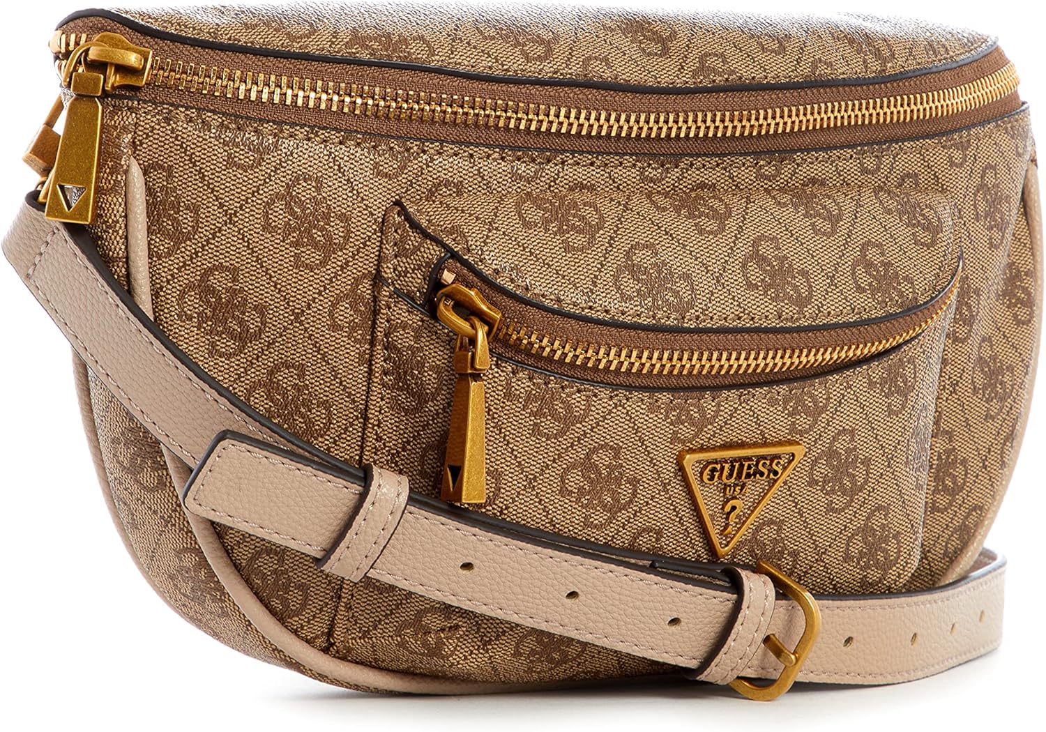 GUESS Manhattan belt for women tan monogram waist pack with gold zippers front pocket and adjustable beige strap