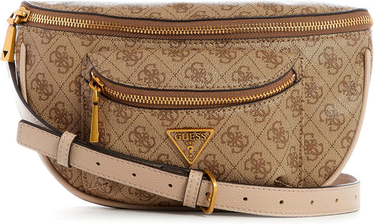 GUESS Manhattan belt for women tan monogram waist pack with gold zippers and adjustable beige strap