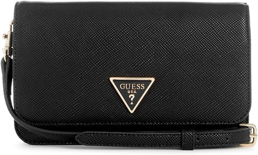 Modan Online GUESS Noelle crossbody bag black textured leather flap with gold triangle logo strap