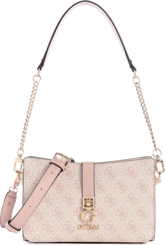 GUESS Zamira shoulder bag beige monogram print with gold chain and adjustable pink leather strap