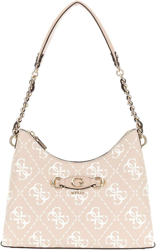 GUESS Izzy shoulder bag sand with logo print and chain strap for stylish everyday use