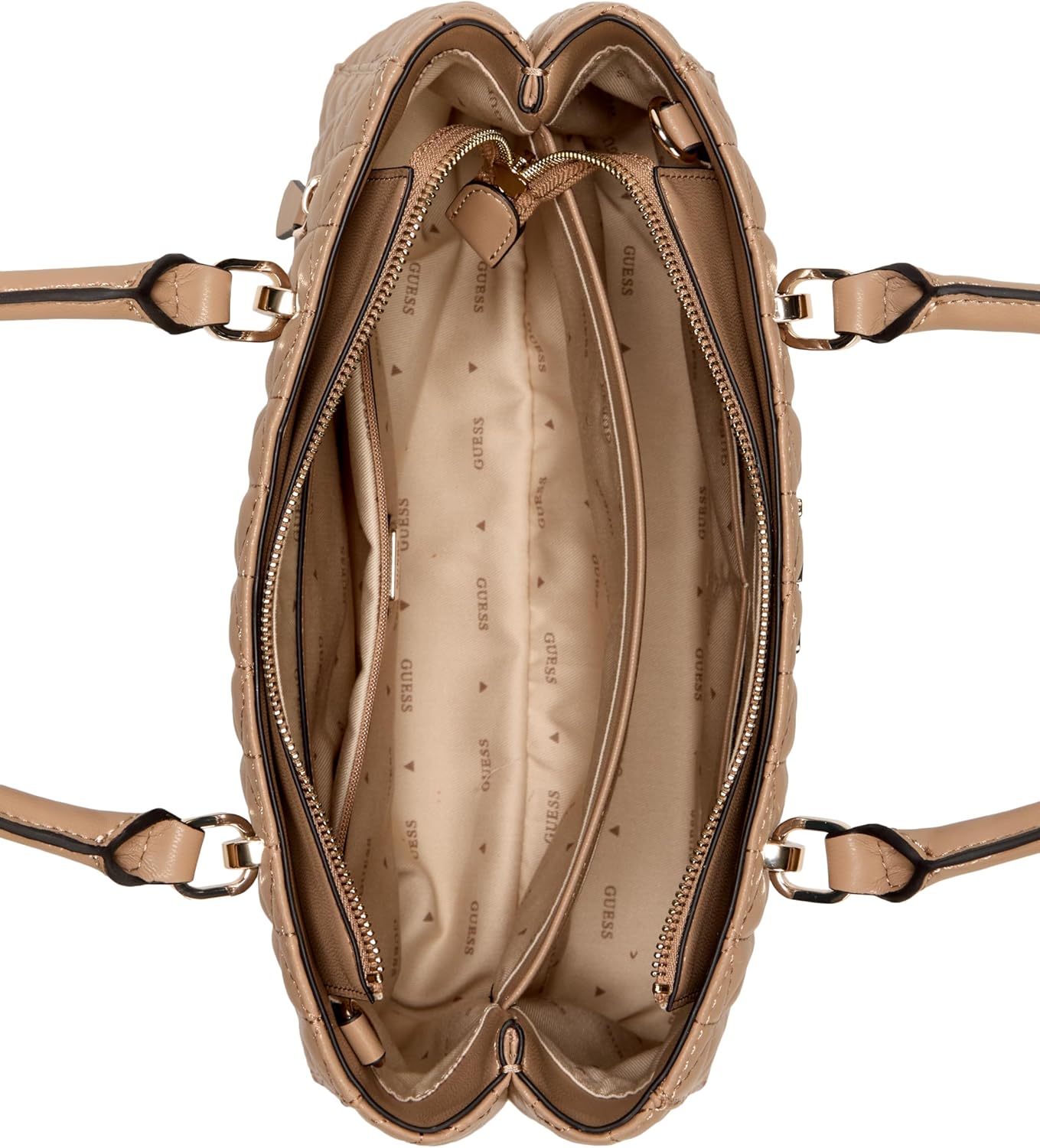 Inside view of GUESS Kori Girlfriend Satchel showing spacious compartments and elegant lining