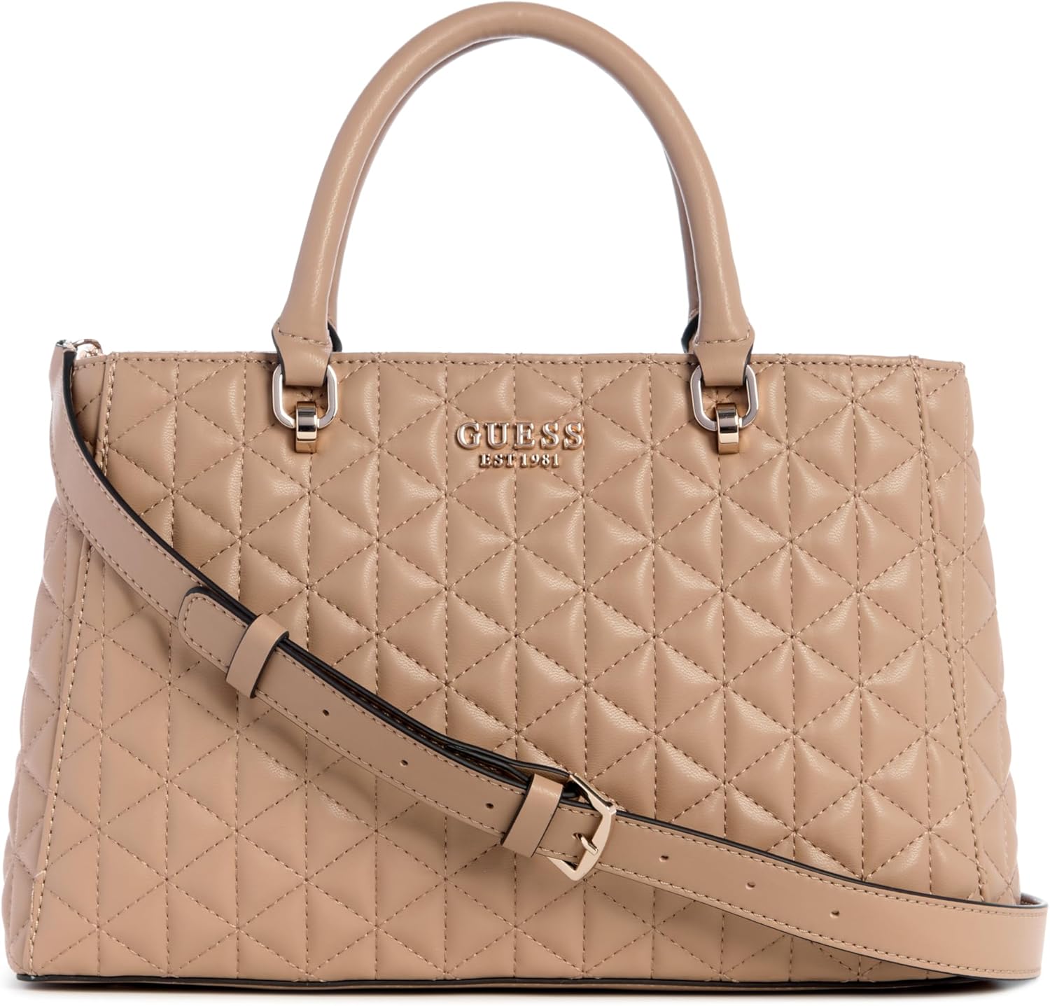GUESS Kori Girlfriend Satchel in beige with quilted design and adjustable crossbody strap
