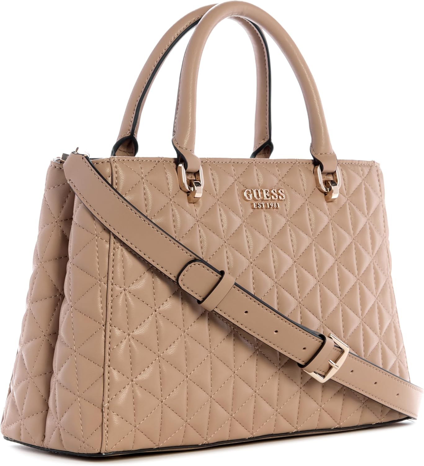 GUESS Kori Girlfriend Satchel in beige with quilted design and adjustable crossbody strap