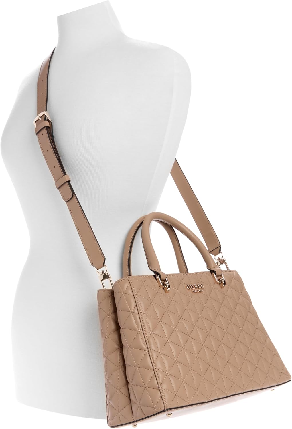 GUESS Kori Girlfriend Satchel in beige with dual carrying options and quilted design