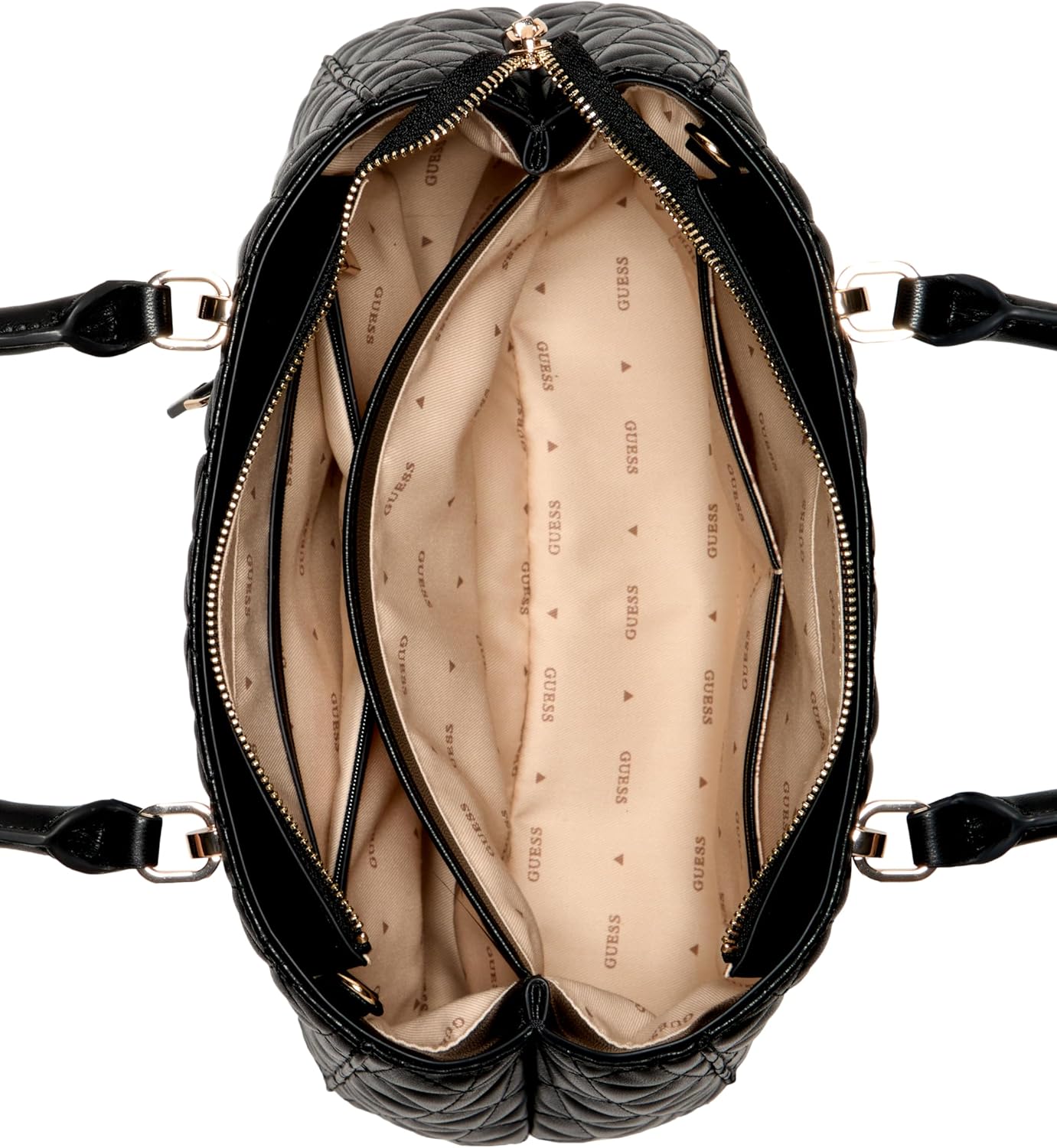 Interior view of GUESS Kori Girlfriend Satchel showing spacious compartments and stylish design