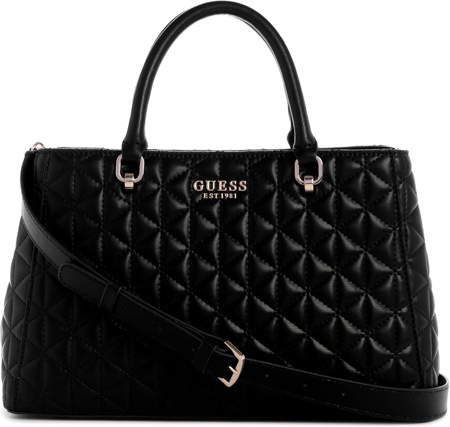 GUESS Kori Girlfriend Satchel in black quilted faux leather with stylish handles and adjustable strap