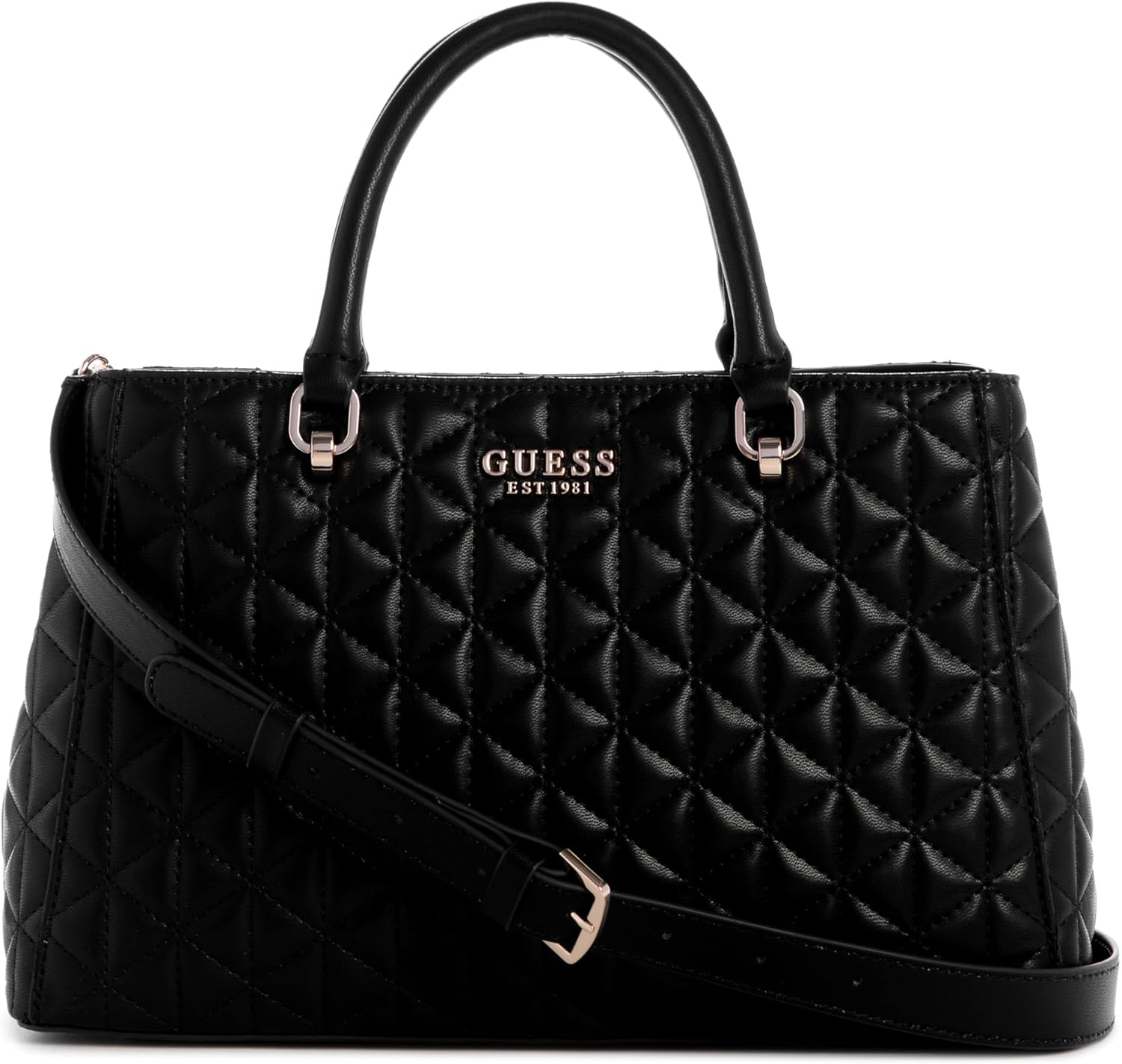 GUESS Kori Girlfriend Satchel in black quilted faux leather with stylish handles and adjustable strap