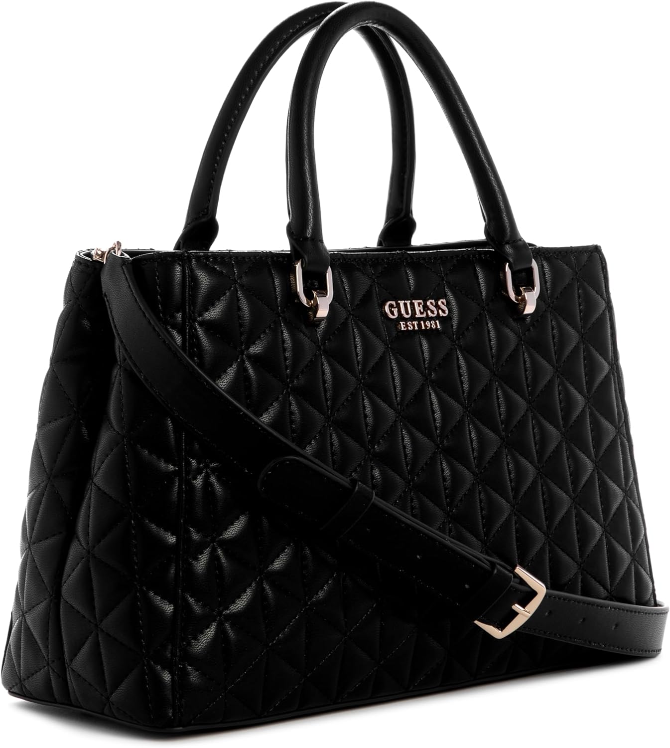 GUESS Kori Girlfriend Satchel in black with quilted design and adjustable crossbody strap