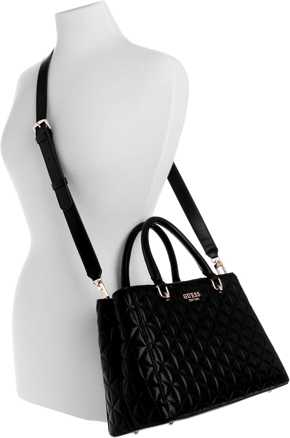 GUESS Kori Girlfriend Satchel in black with quilted design and adjustable crossbody strap