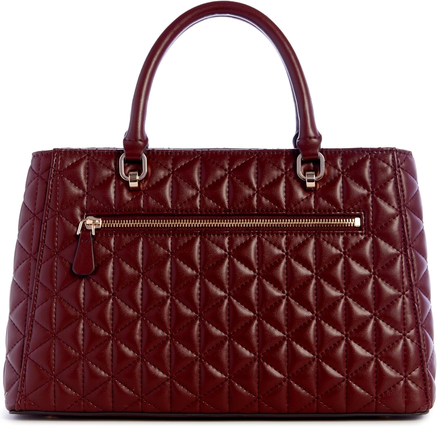 GUESS Kori Girlfriend Satchel in burgundy with a quilted design and elegant carry handles