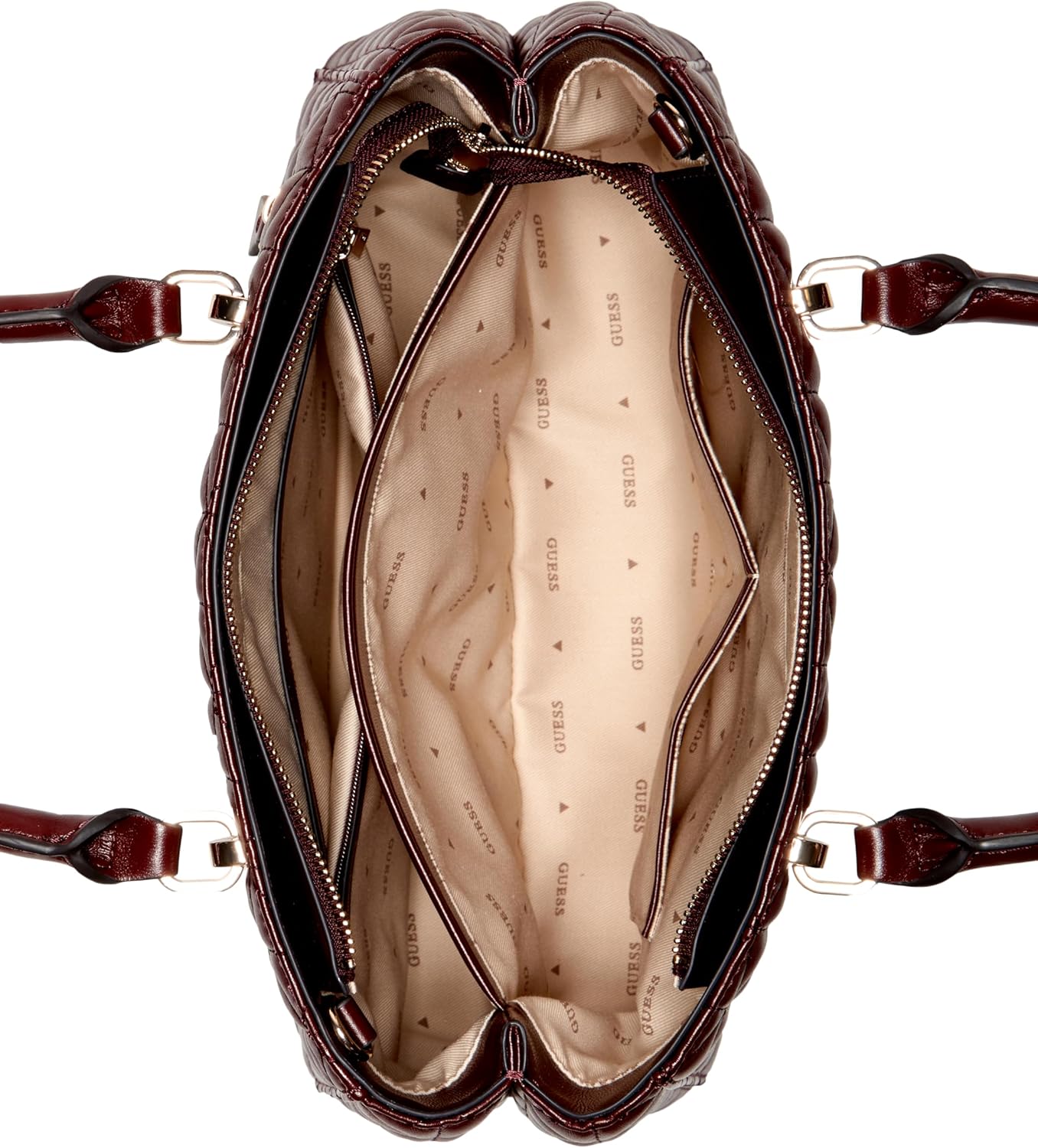 Interior view of the GUESS Kori Girlfriend Satchel featuring spacious compartments and a stylish design