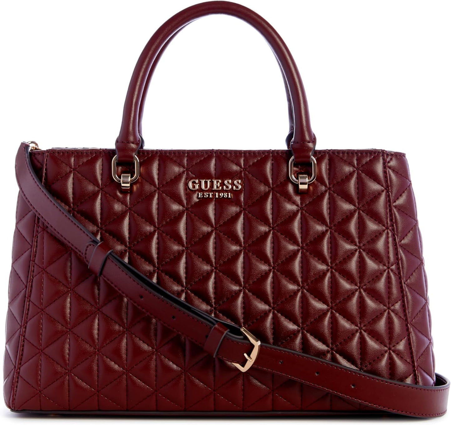 GUESS Kori Girlfriend Satchel in burgundy with quilted design and adjustable crossbody strap