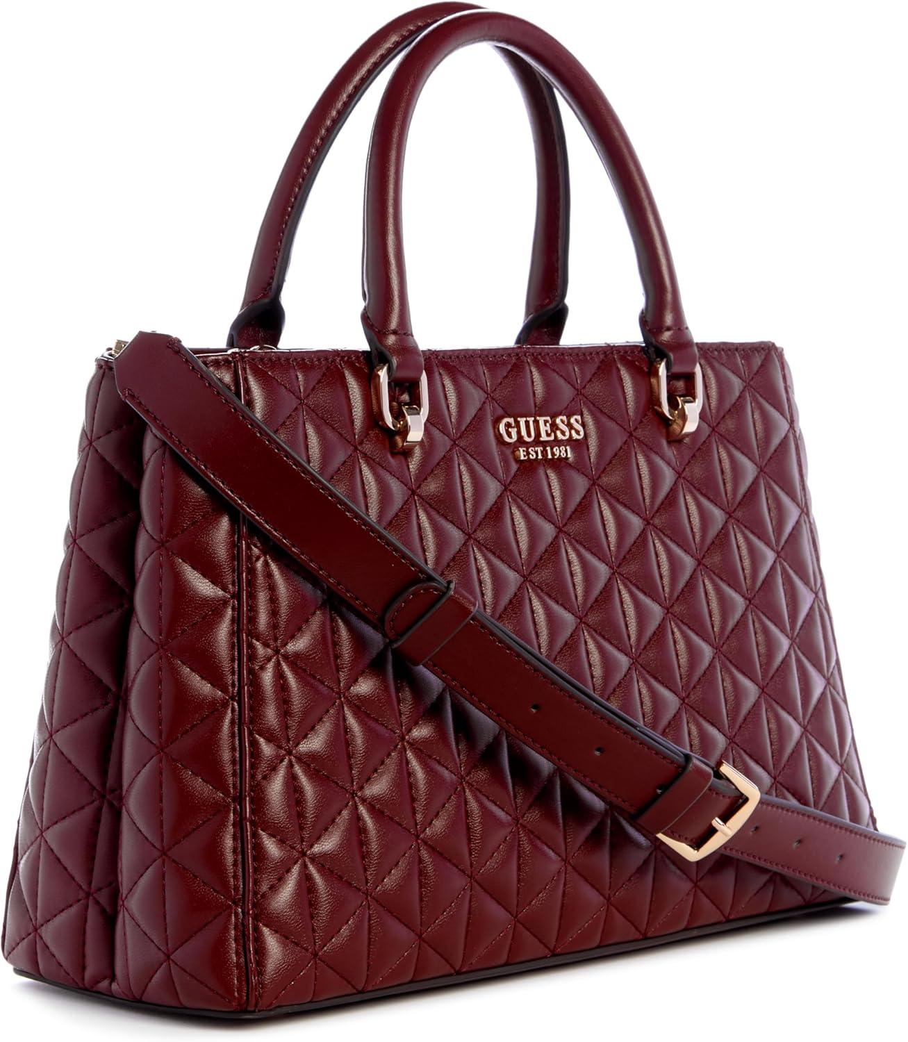 GUESS Kori Girlfriend Satchel in burgundy with quilted design and adjustable crossbody strap