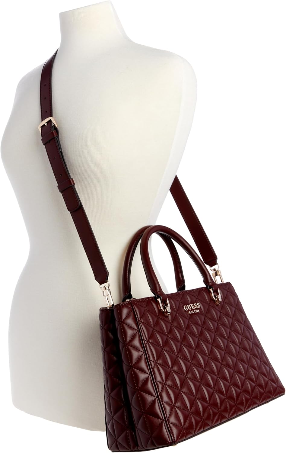 GUESS Kori Girlfriend Satchel in burgundy with quilted design and adjustable crossbody strap