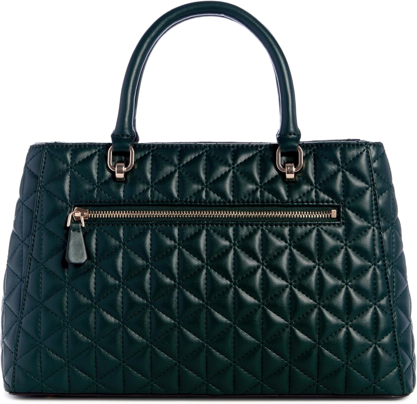 GUESS Kori Girlfriend Satchel in dark green with quilted design and front zipper pocket