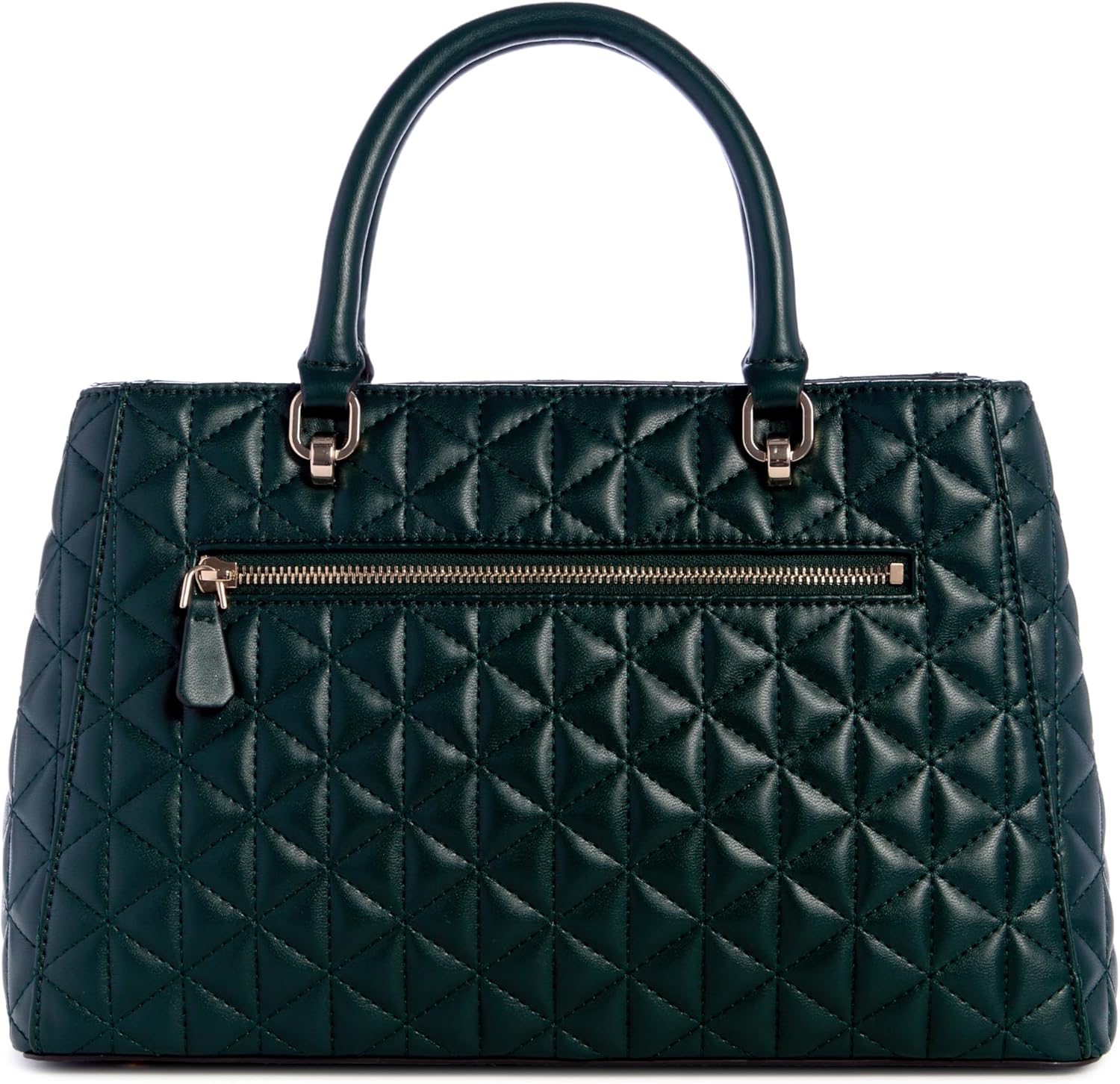 GUESS Kori Girlfriend Satchel in dark green with quilted design and front zipper pocket