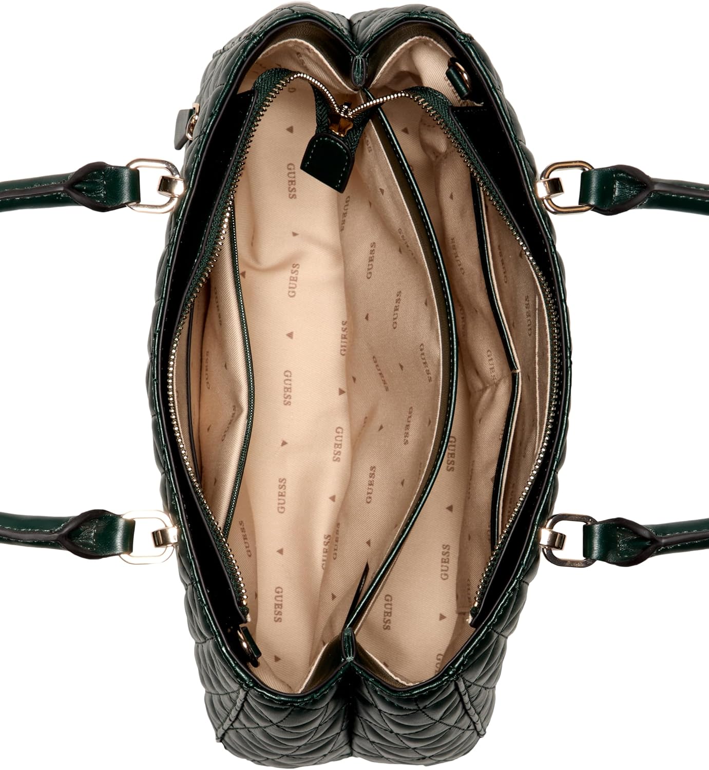 Interior view of GUESS Kori Girlfriend Satchel with spacious compartments and elegant lining