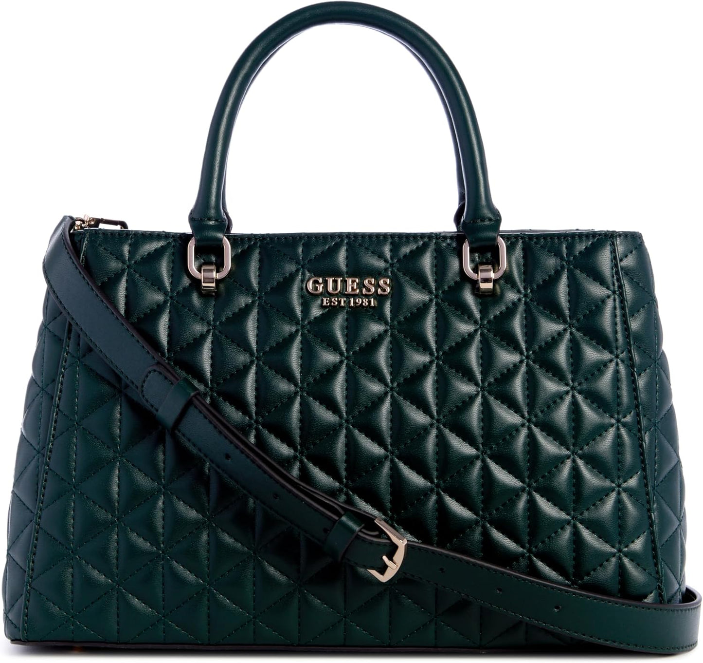 GUESS Kori Girlfriend Satchel in dark green quilted design with dual handles and adjustable crossbody strap