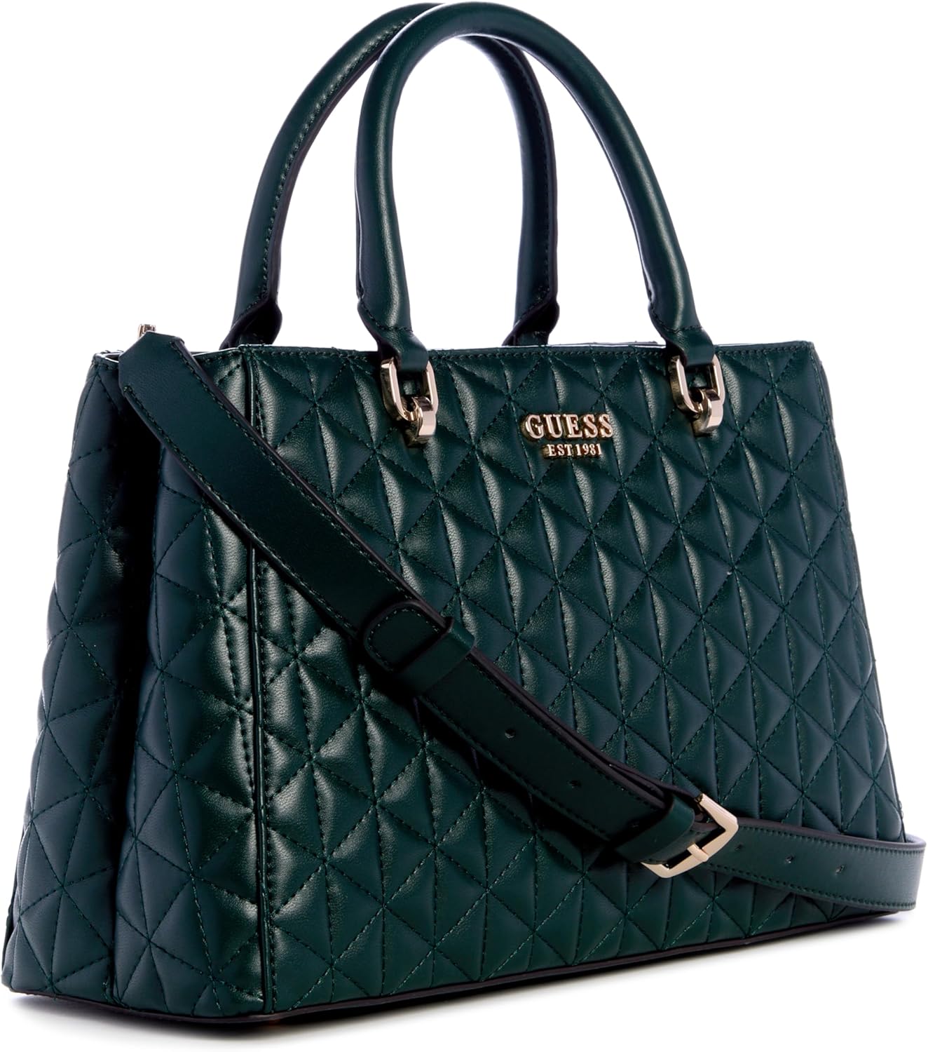 GUESS Kori Girlfriend Satchel in dark green finish with quilted design and adjustable crossbody strap