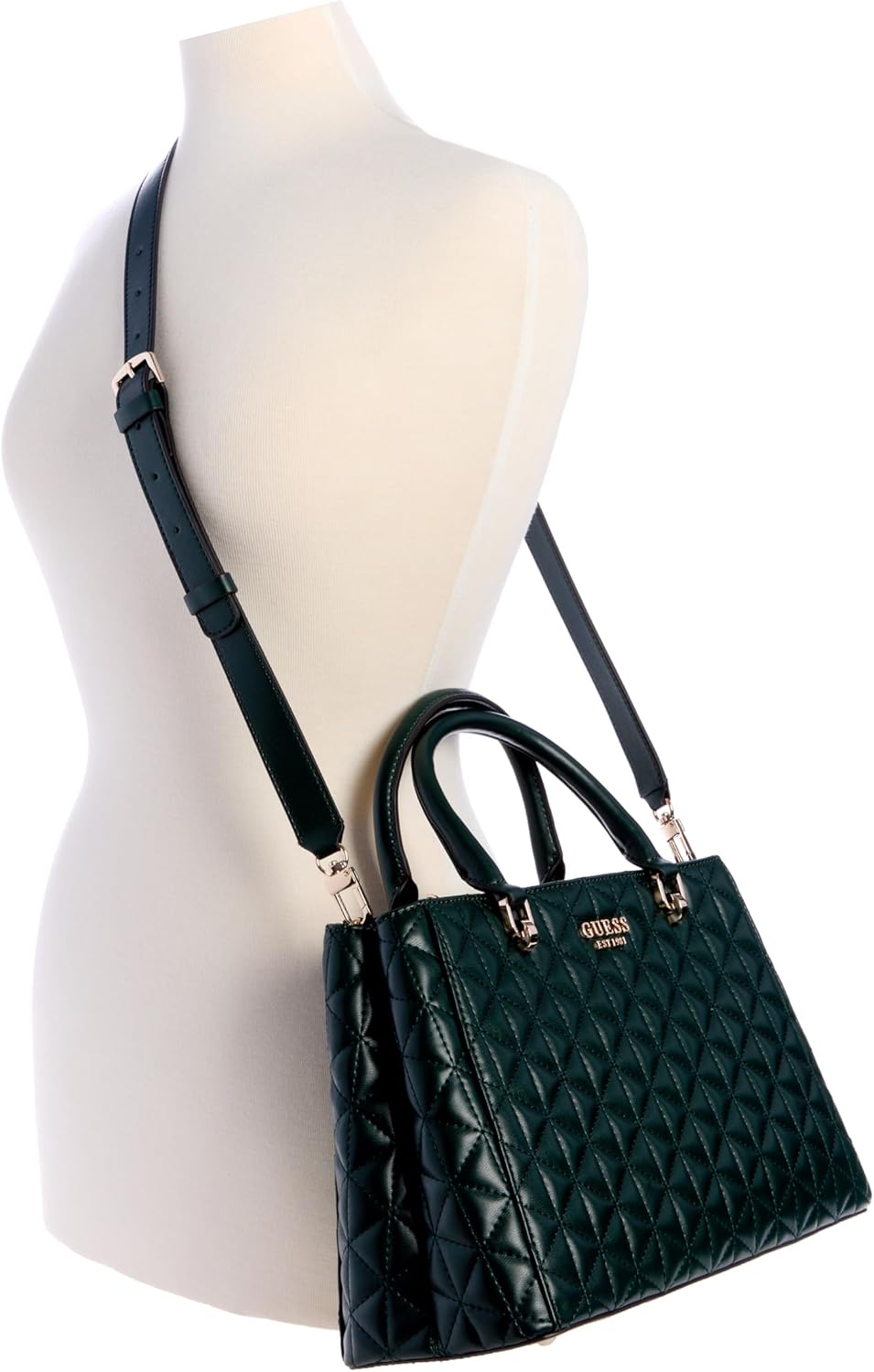 GUESS Kori Girlfriend Satchel in dark green with quilted design and adjustable crossbody strap