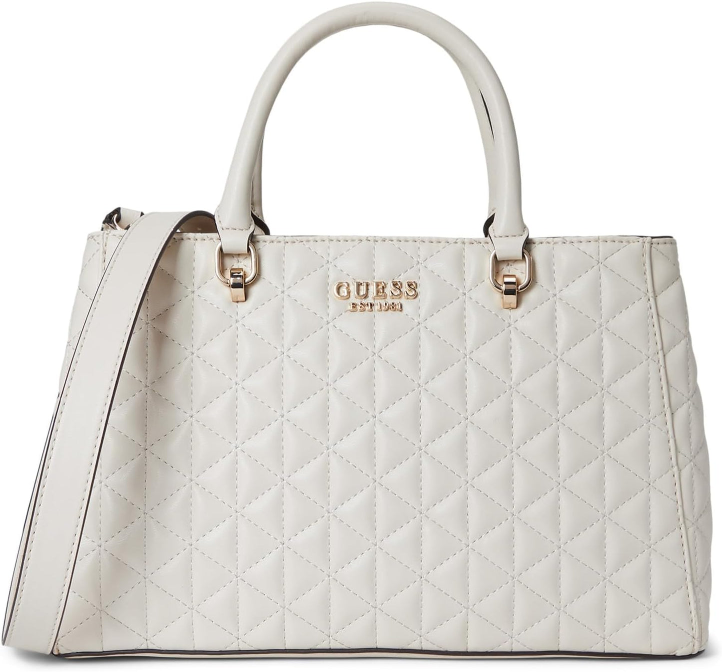 GUESS Kori Girlfriend Satchel in cream with quilted texture and adjustable crossbody strap