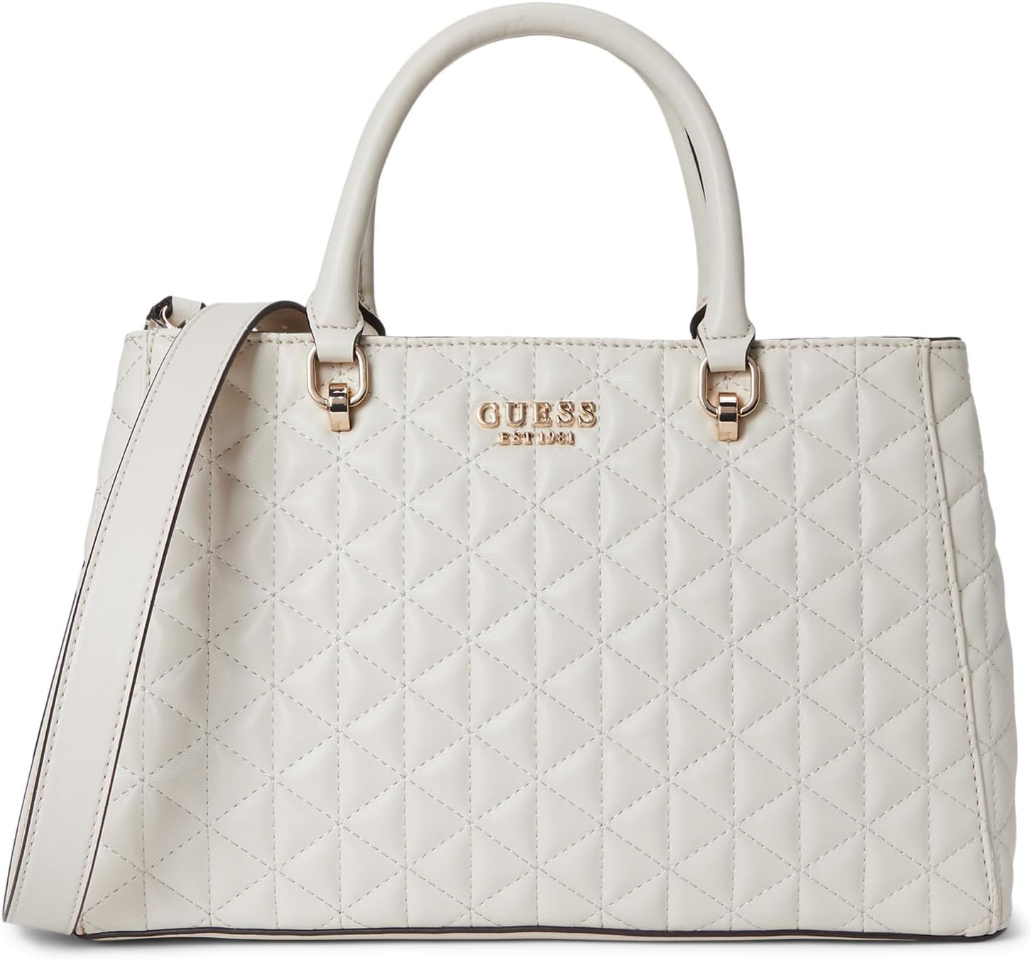 GUESS Kori Girlfriend Satchel in cream with quilted texture and adjustable crossbody strap