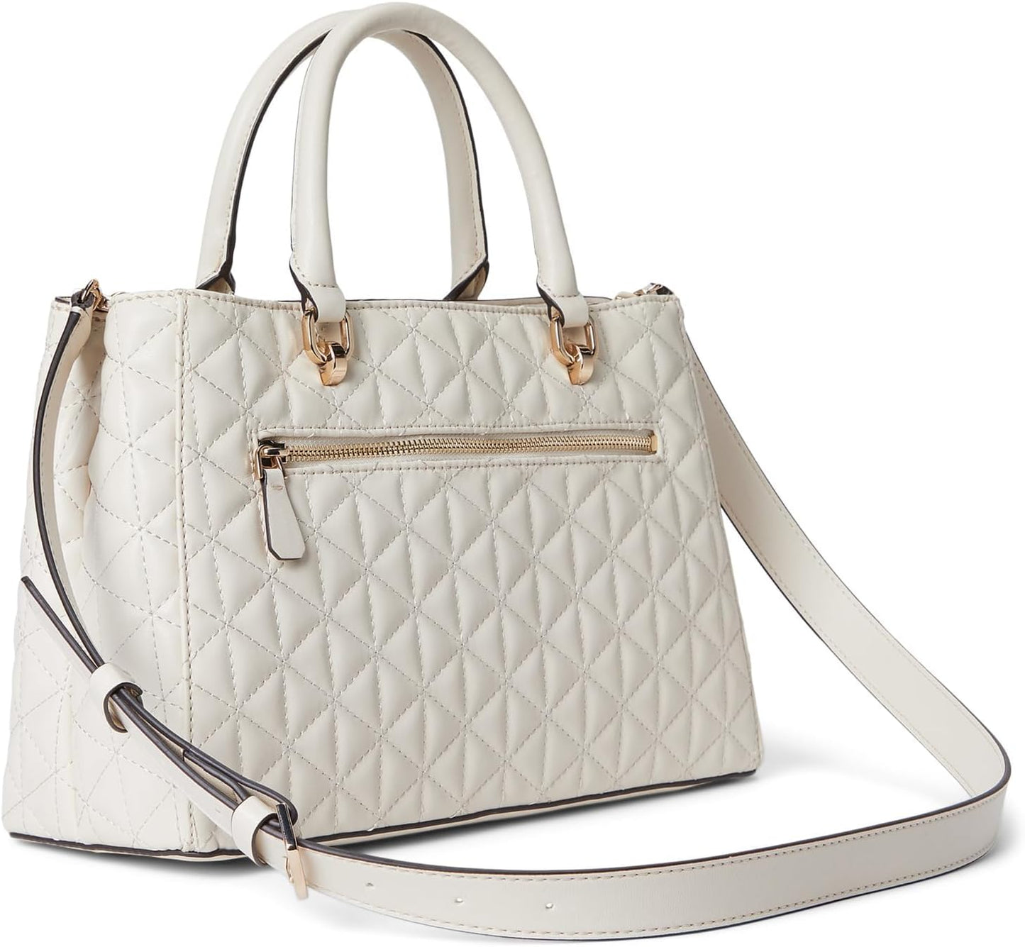 GUESS Kori Girlfriend Satchel in cream with quilted design and detachable crossbody strap