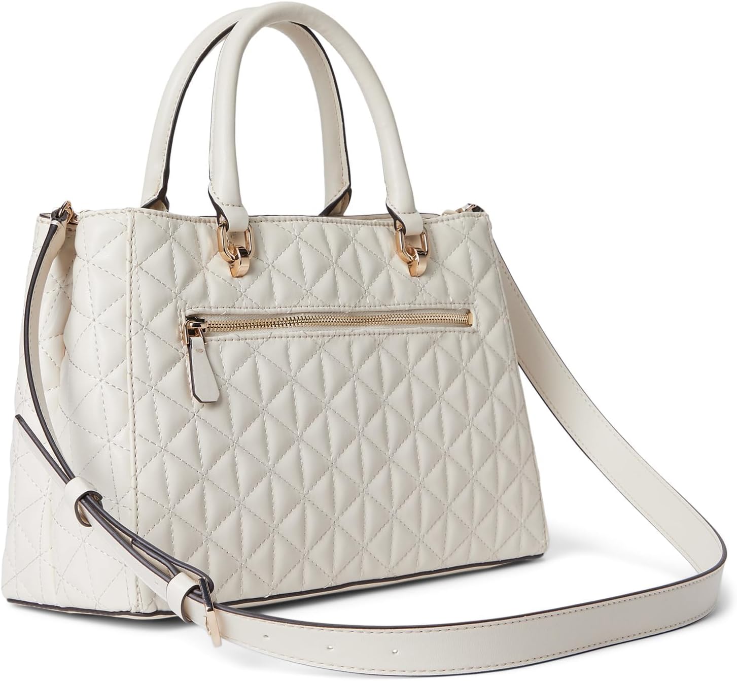 GUESS Kori Girlfriend Satchel in cream with quilted design and detachable crossbody strap