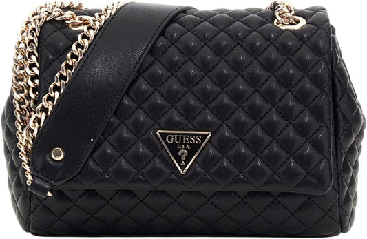 Guess Rianee convertible crossbody bag in black with quilted design and gold chain strap