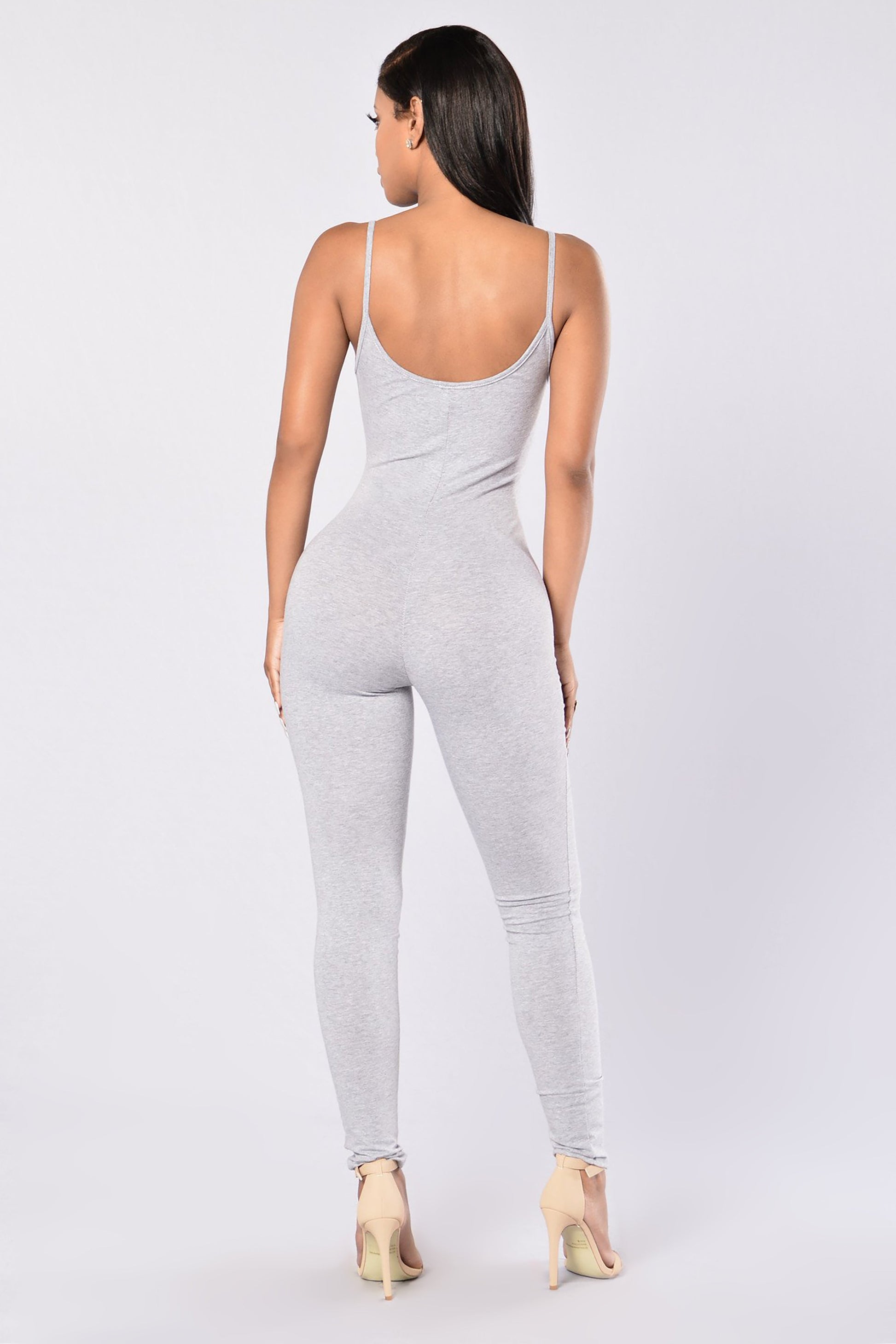 Stylish heather grey jumpsuit for women with spaghetti straps and a fitted silhouette