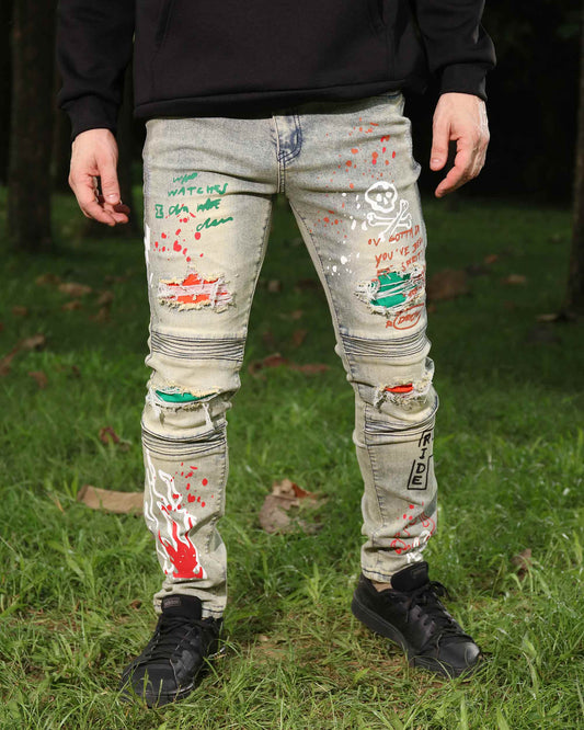 Logeqi hip-hop distressed jeans with colorful splatters and artistic rips for a trendy streetwear look