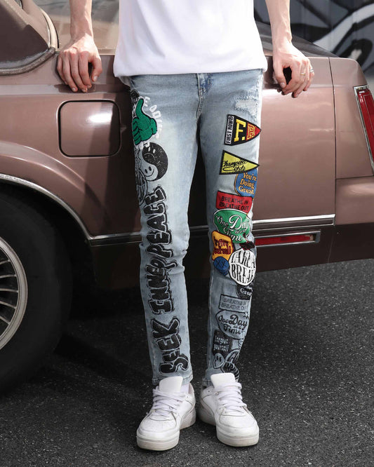 Logeqi Hip Hop Slim Fit Jeans with Colorful Patches and a Stylish Design for Casual Wear