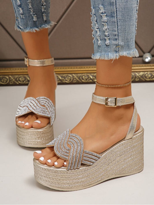 Wholesale7 hotfix rhinestone sandals with ankle strap and high wedge platform in metallic gold