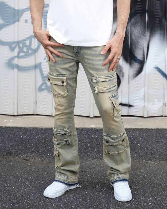 Logeqi industrial style cargo jeans with multiple pockets and distressed finish for a trendy look