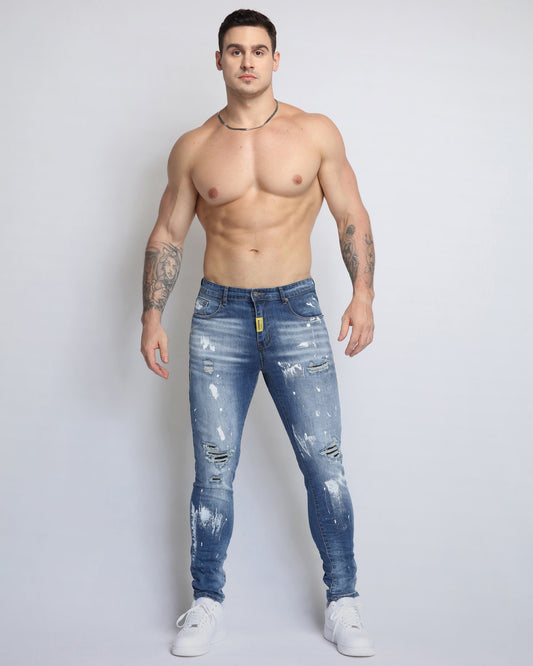 Logeqi irregular paint blue jeans for a stylish and trendy casual look