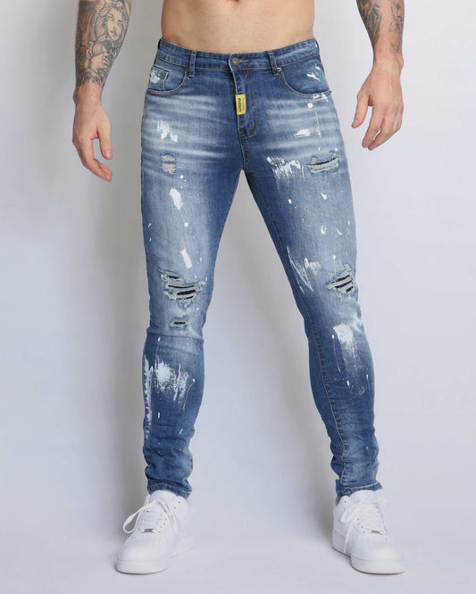 Logeqi irregular paint blue jeans with distressed details and a slim fit design for casual wear