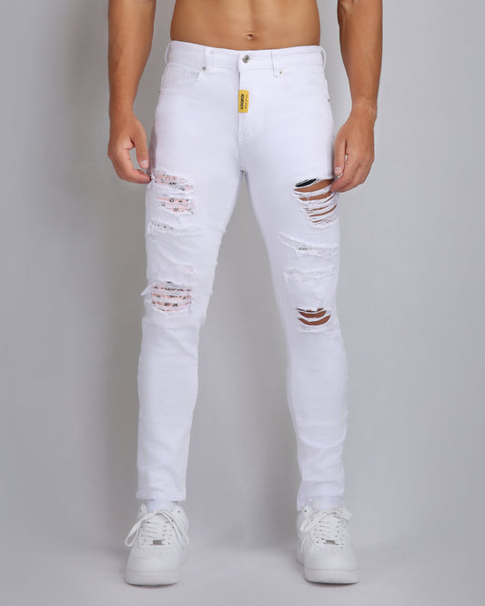 Logeqi irregular ripped white jeans with a fitted style and distressed design for a trendy look