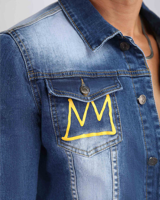Logeqi irregular wash blue denim jacket featuring unique yellow crown design on the pocket