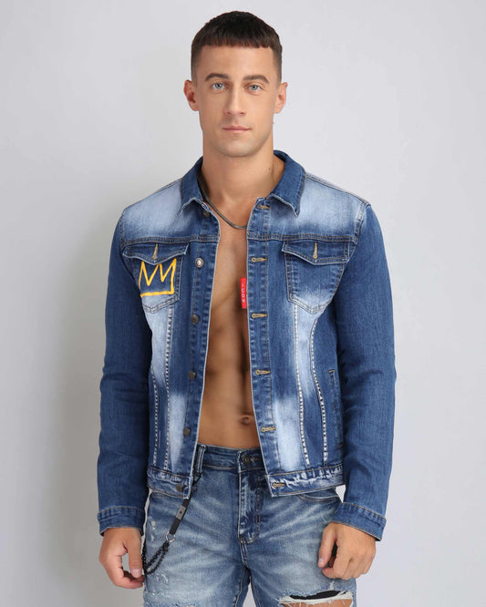 Logeqi irregular wash blue denim jacket with distinctive design and stylish fit for casual wear