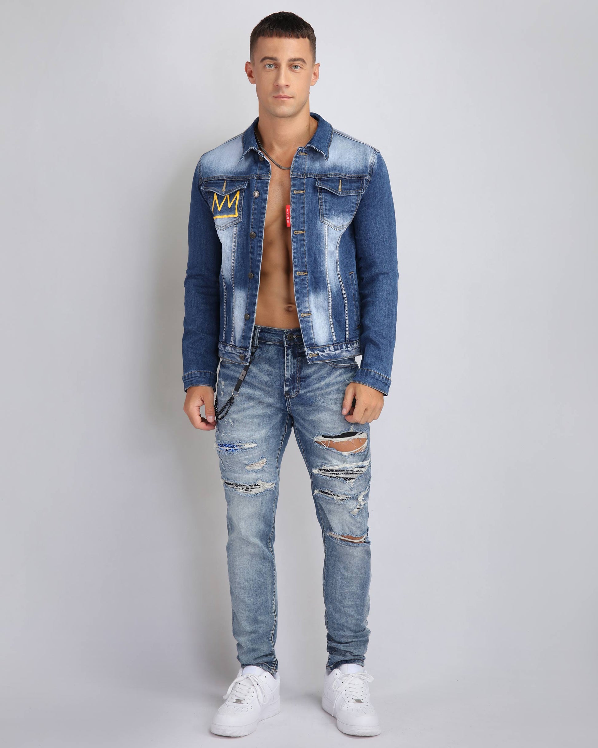 Logeqi irregular wash blue denim jacket with patch detail and distressed design