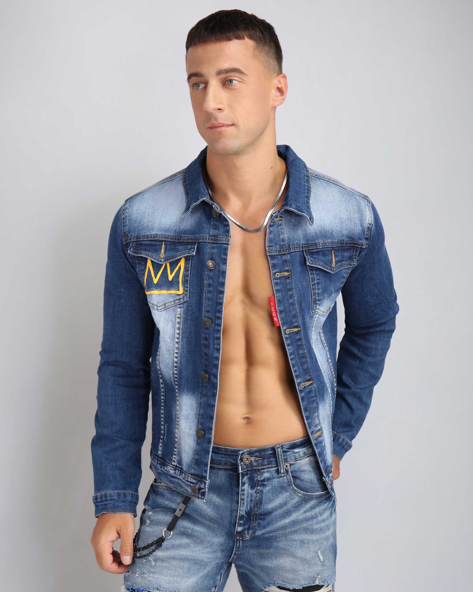 Irregular wash blue denim jacket by Logeqi with a stylish design for a modern look