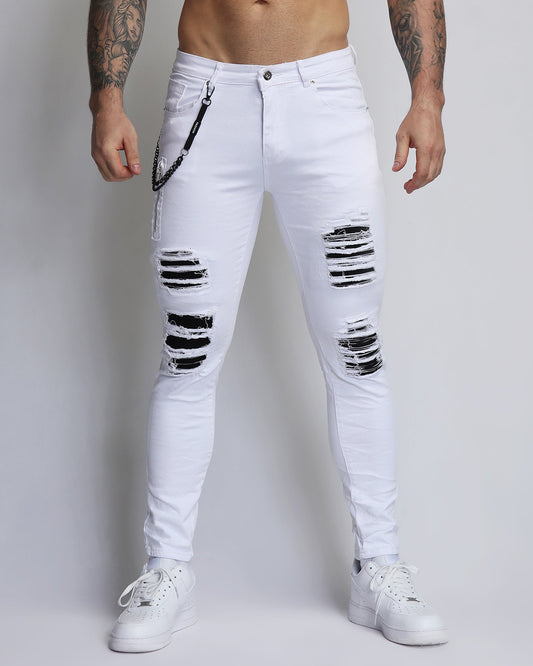 Logeqi large white ripped jeans featuring distressed details and a slim fit design